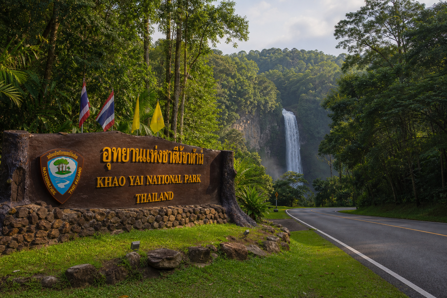Entrance sign for Khao Yai National Park, Thailand, with a tall waterfall